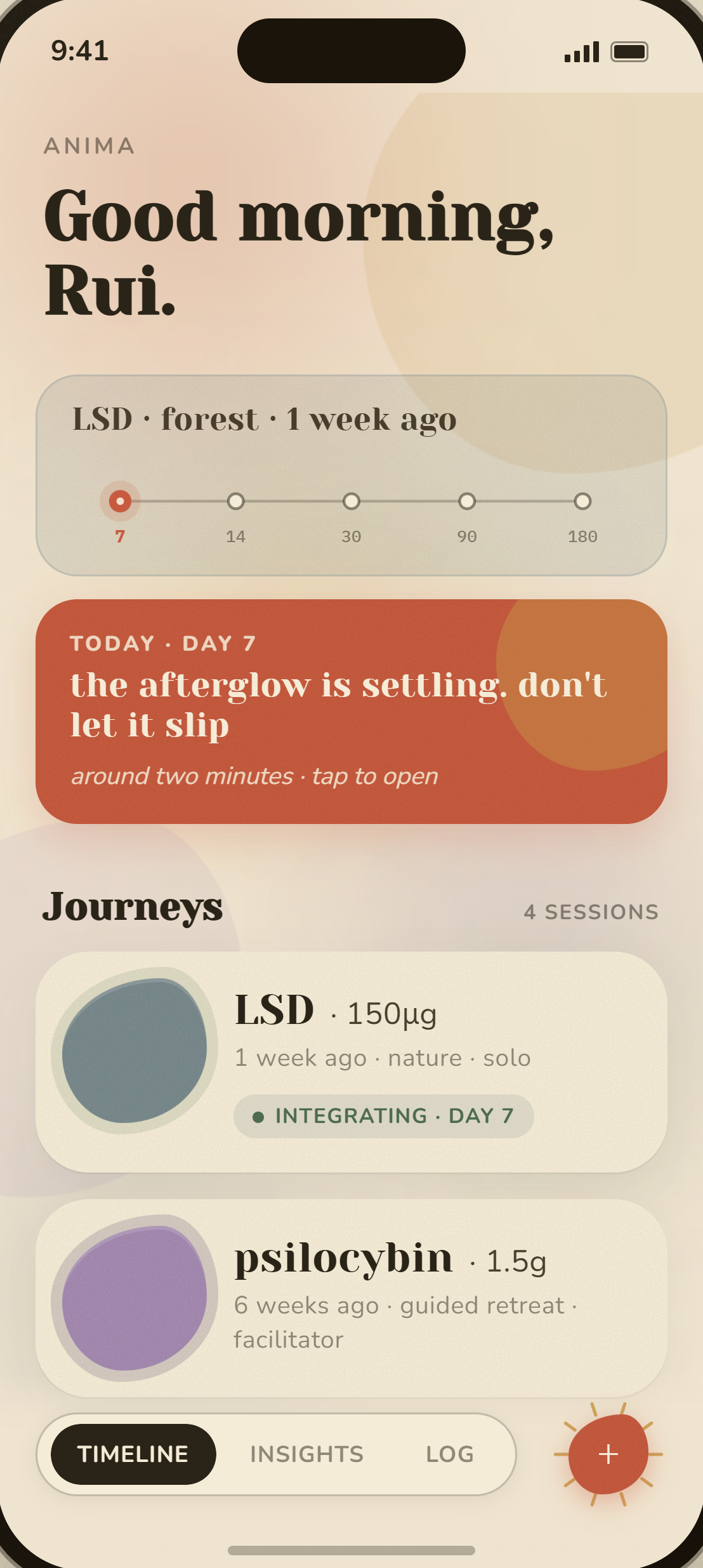 Anima app — the timeline, a home screen greeting Rui with an integration countdown and past journeys